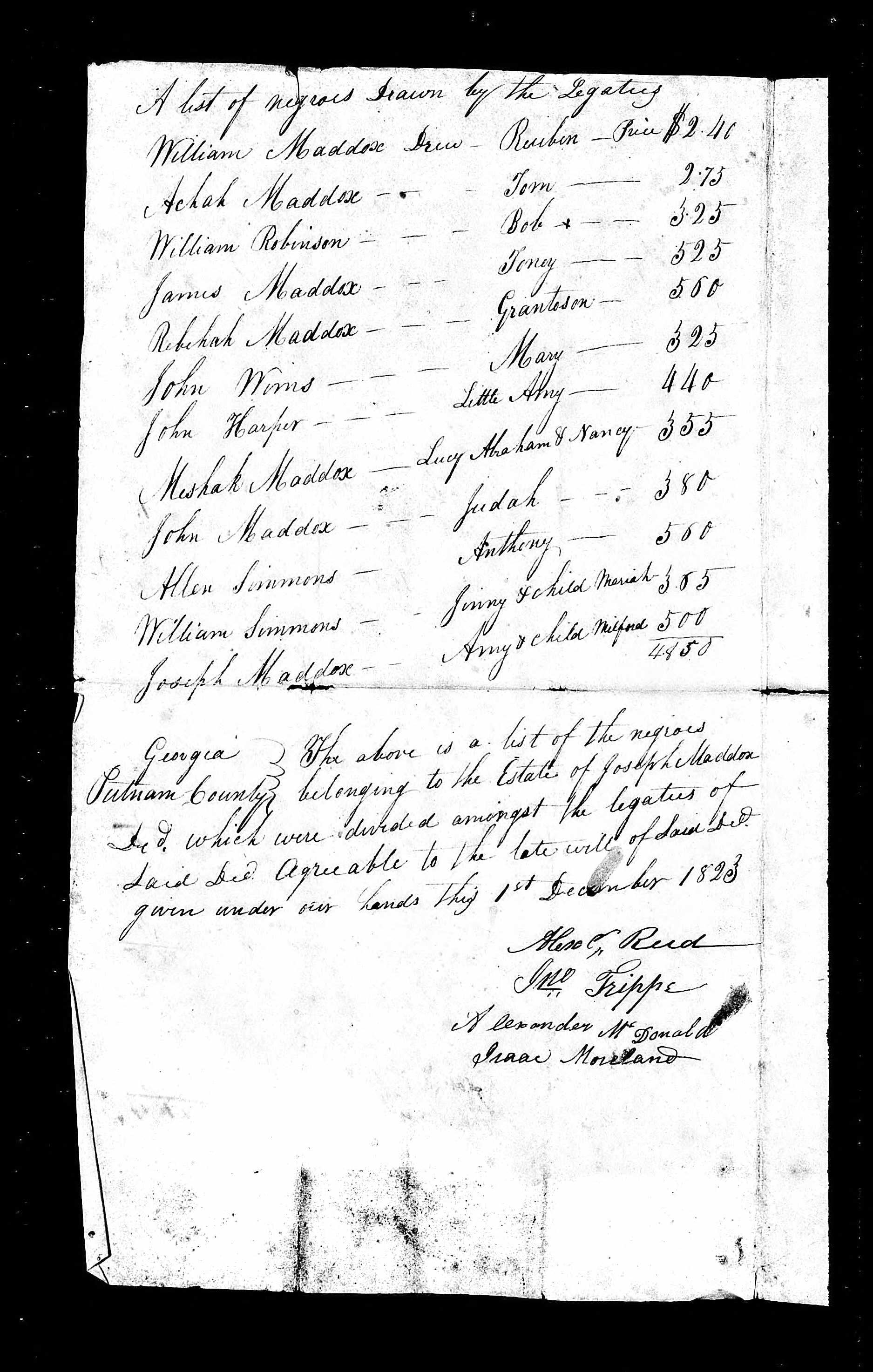 1823 distribution of slaves - Joseph Maddox
