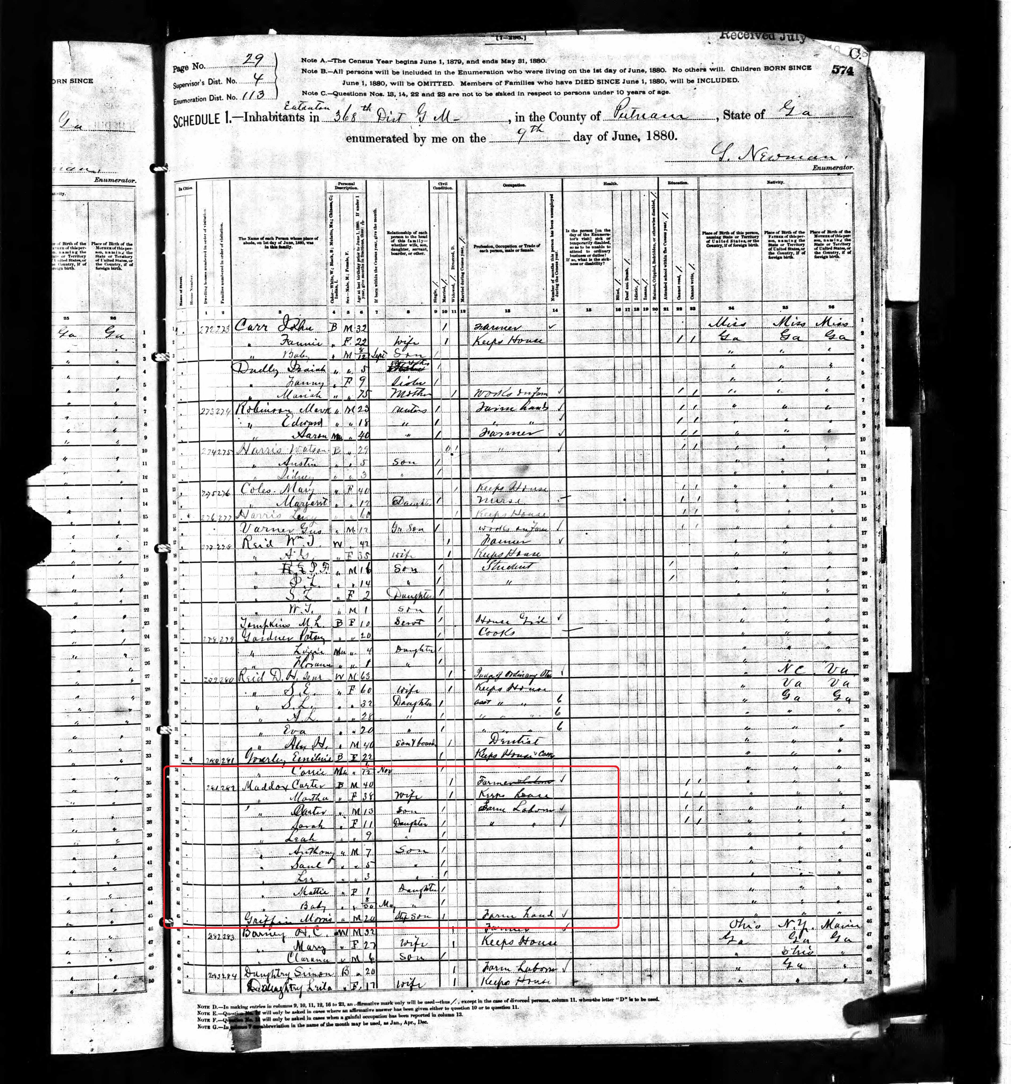 1880 - Putnam County Census - Carter Maddox