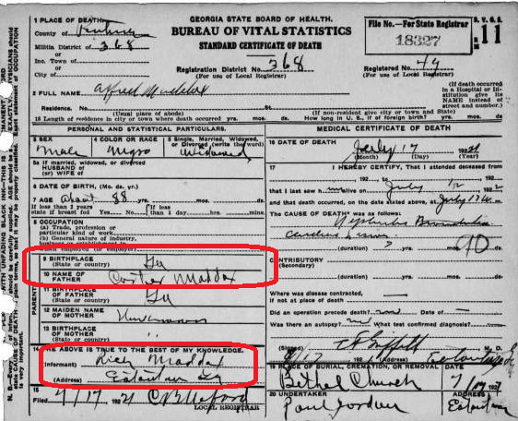 Alfred Maddox - Death Certificate (with Carter circled)