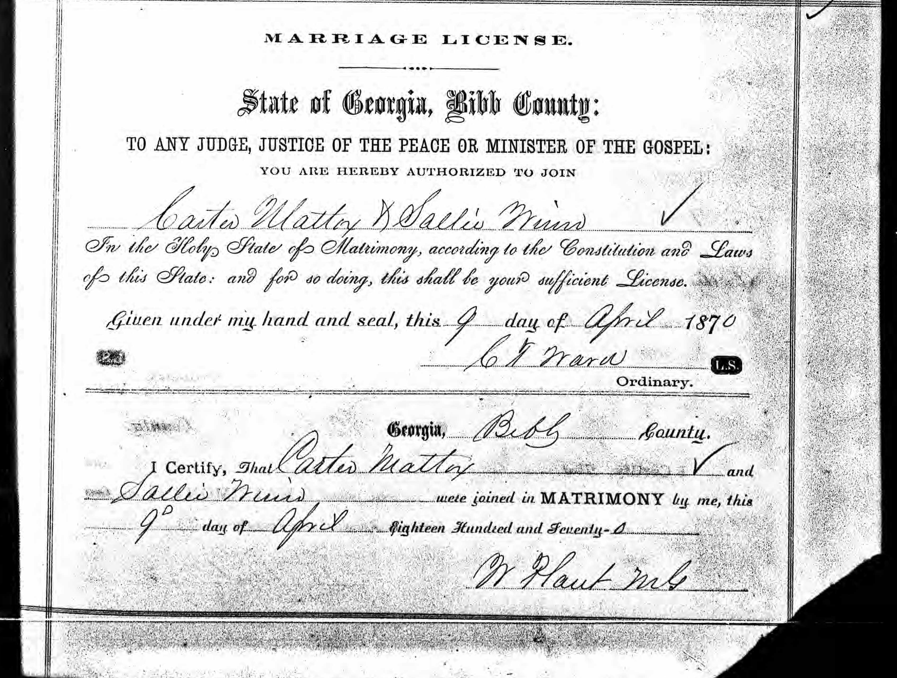 Marriage cert - Carter Maddox & Sally Winn 1870 Putnam GA