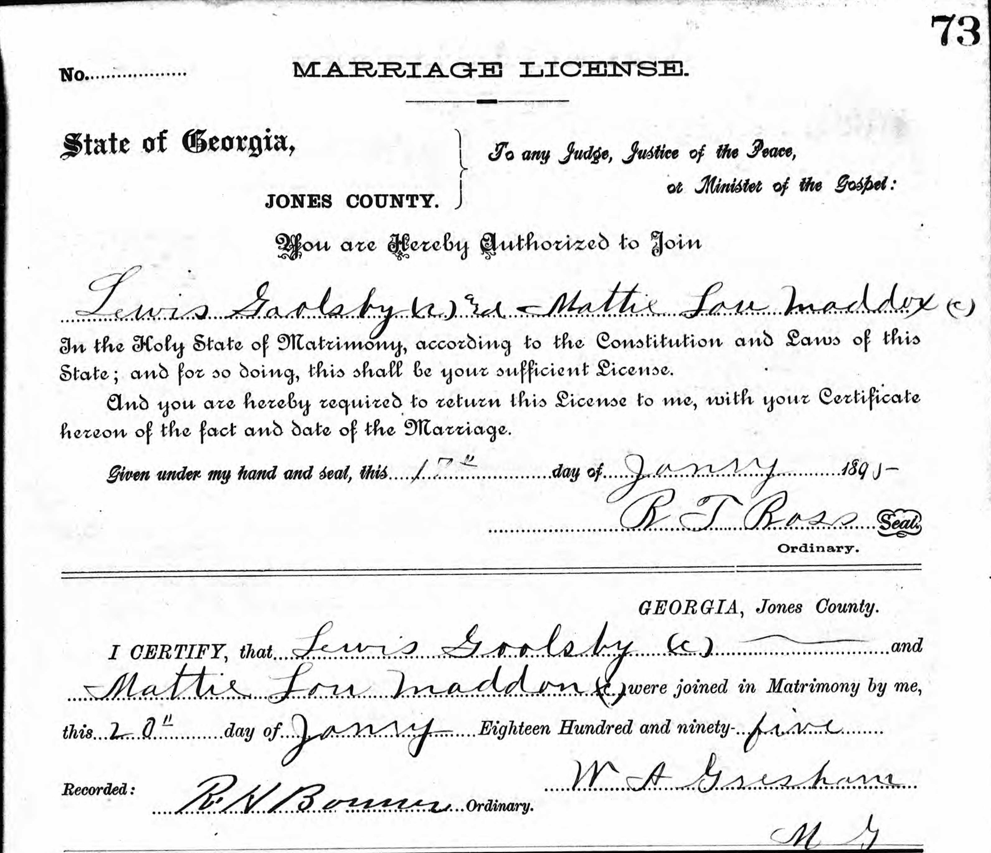 MARRIAGE CERTIFICATE - Mattie L Maddox to Lewis Goolsby
