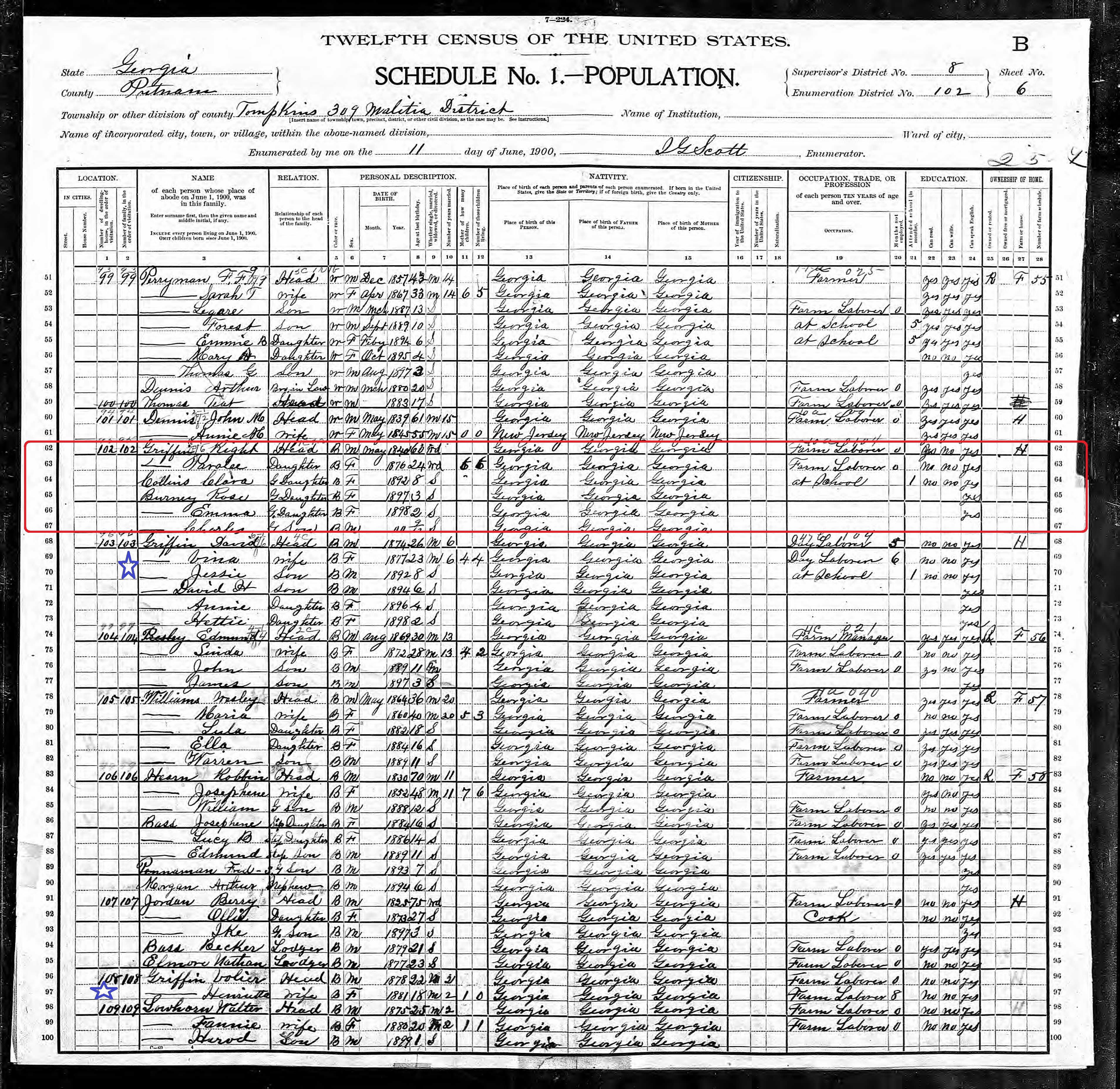 1900 - US Census - Putnam County GA -Wright Griffin.jpg